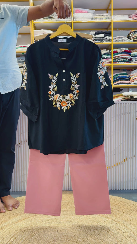 BLACK EMBROIDERY TOP WITH STRAIGHT TROUSER PANT SET