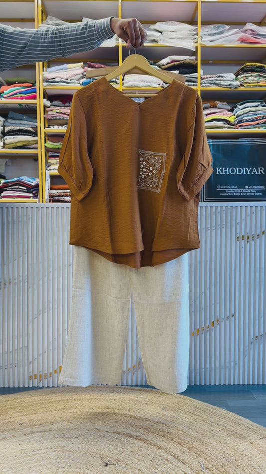 COPPER CASUAL EMBROIDERY TOP  WITH LINEN PANT SET