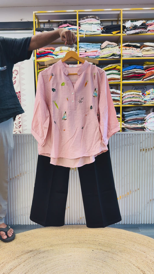 PINK RABIT CARROT EMBROIDERY TOP WITH BELL BOTTOM PANT SET