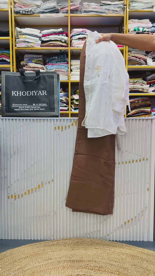 WHITE EMBROIDERY LINEN TOP WITH LINEN ELASTIC COMFORTABLE TROUSER PANT SET