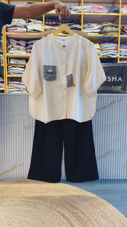 OFF WHITE CHEX POCKET EMBROIDERY CASUAL TSHIRT WITH LINEN PANT SET
