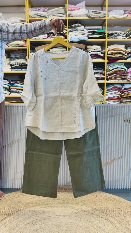 OFF WHITE EMBROIDERY LINEN TOP WITH LINEN STRAIGHT PANT SET