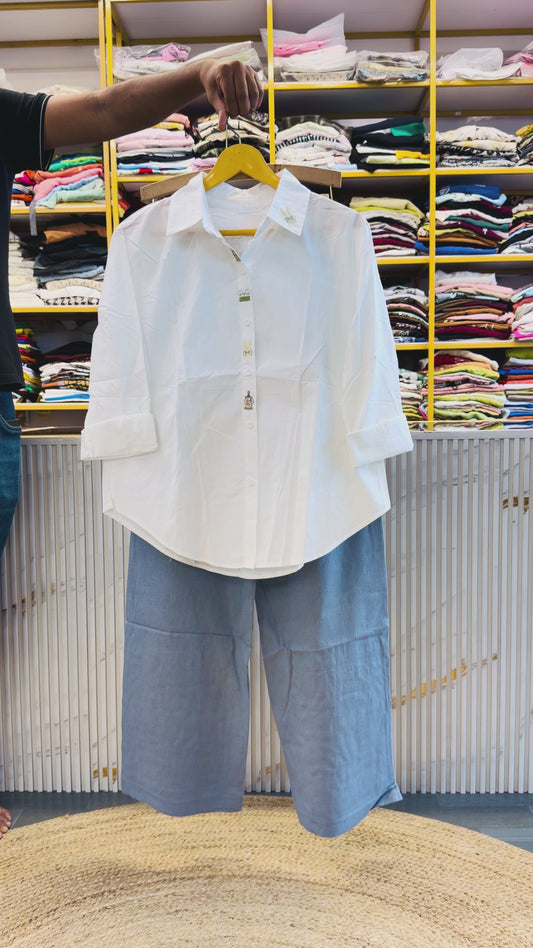 WHITE COTTON EMBROIDERY SHIRT WITH LINEN PANT SET