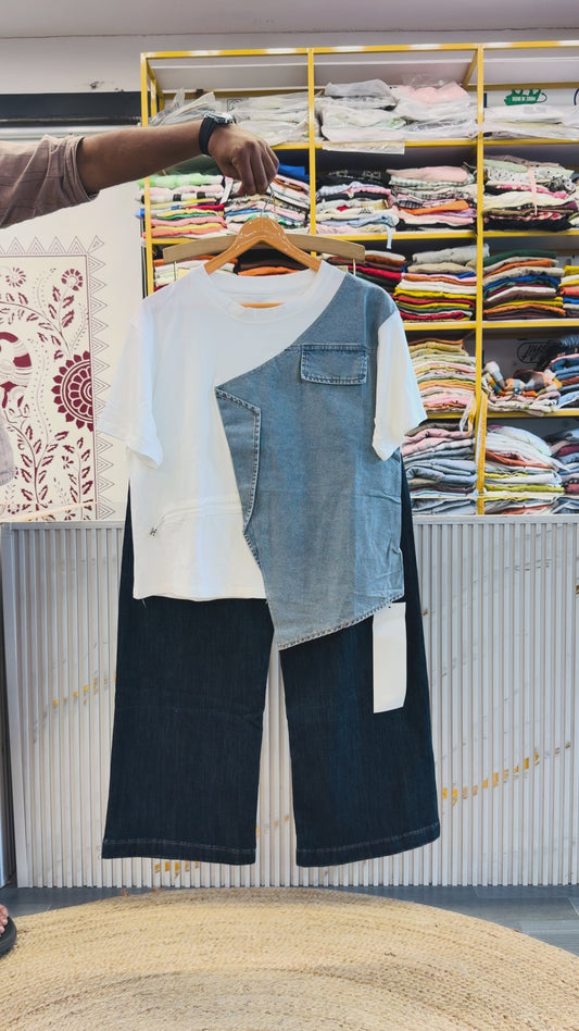 DENIM POCKET COTTON TSHIRT CUM TOP WITH IMPORTED SOFT DENIM PANT SET
