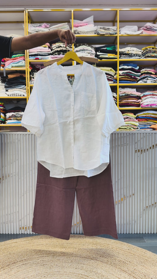 WHITE LINEN EMBROIDERY TOP WITH LINEN PANT SET
