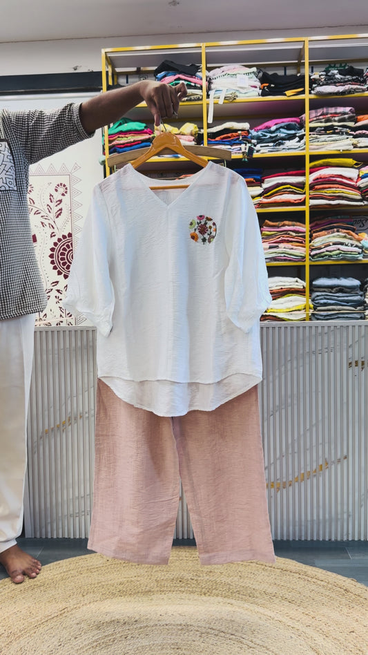 WHITE EMBROIDERY TOP  WITH LINEN COMFORTABLE PANT SET