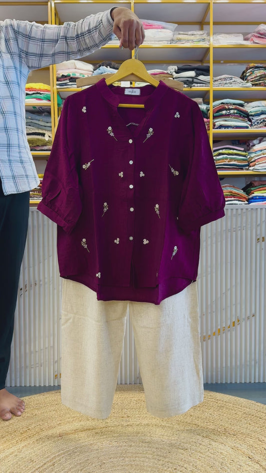 WINE EMBROIDERY TOP WITH STRAIGHT TROUSER PANT SET