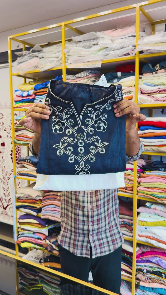 NAVY BLUE  EMBROIDERY LINEN TOP WITH LINEN STRAIGHT PANT SET