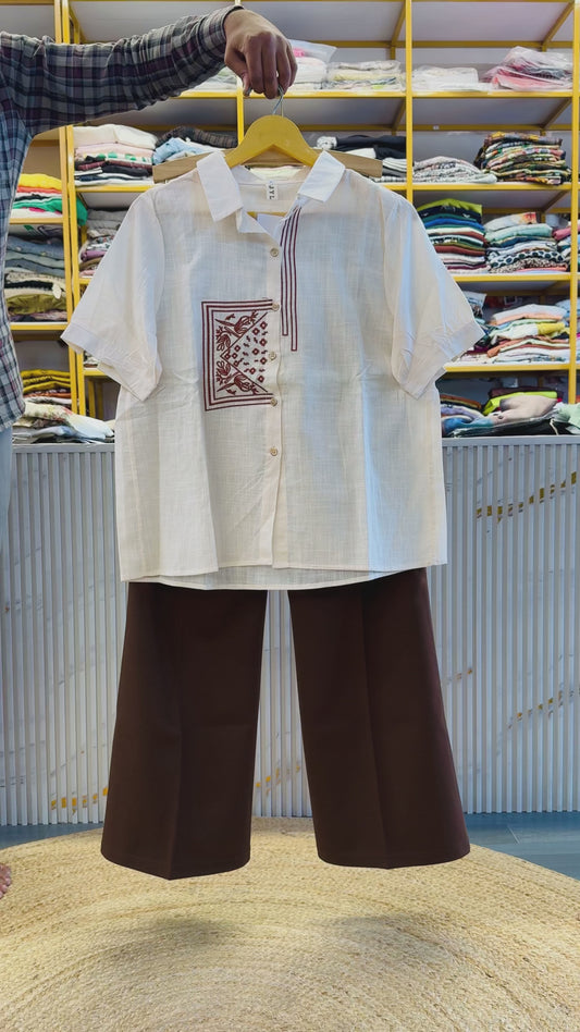 OFF WHITE EMBROIDERY COTTON SHIRT  WITH BELL BOTTOM TROUSER PANT SET