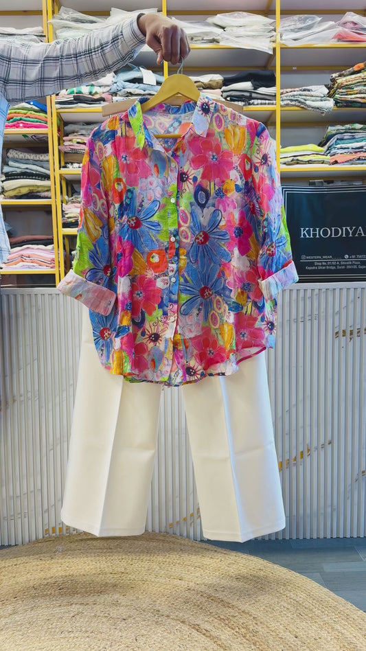 LINEN PRINT SHIRT WITH BELL BOTTOM TROUSER  PANT SET