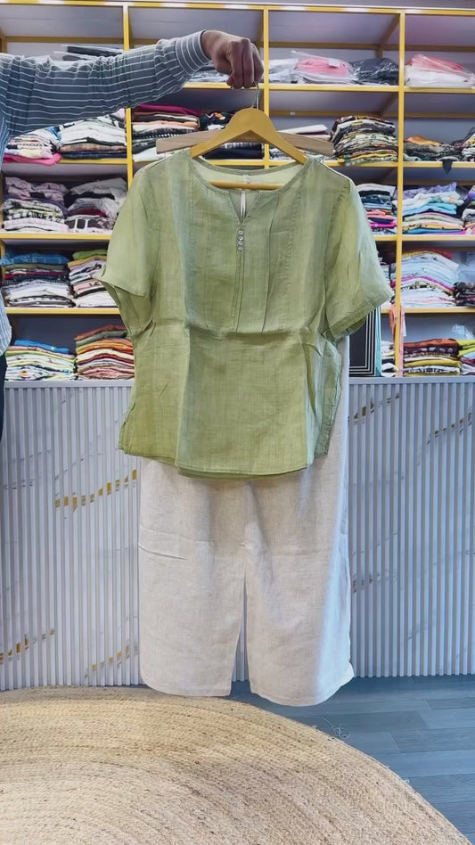 PISTA GREEN SHADE EMBROIDERY LINEN TOP WITH LINEN PANT SET