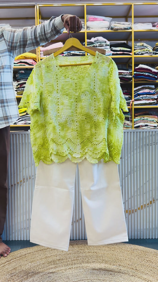 PARROT GREEN SHADED COTTON TOP  WITH STRAIGHT STRETCHABLE TROUSER PANT SET