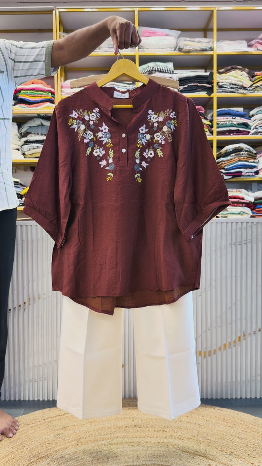 RUST EMBROIDERY TOP WITH BELL BOTTOM TROUSER PANT SET