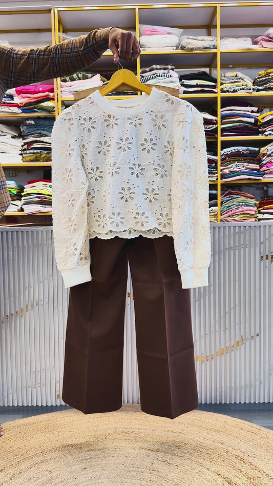 OFF WHITE COTTON EMBROIDERY CROP TOP WITH BELL BOTTOM FIT TROUSER PANT SET