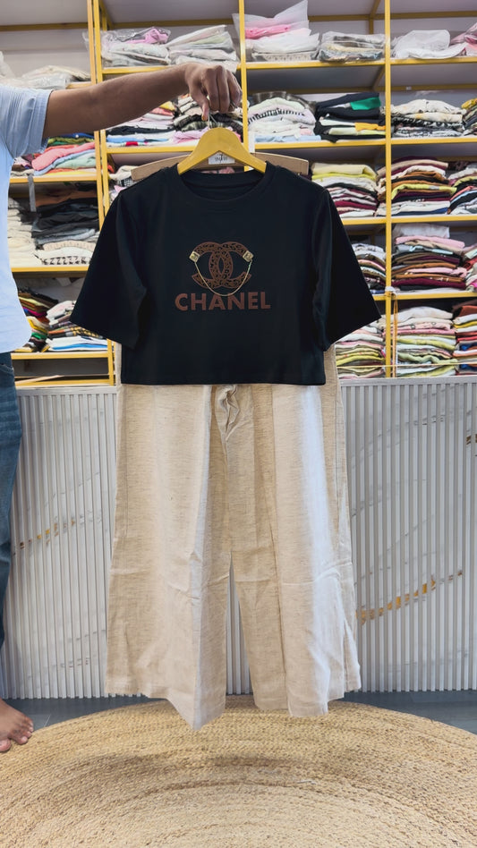 BLACK PRINT CROP TSHIRT WITH LINEN PANT SET