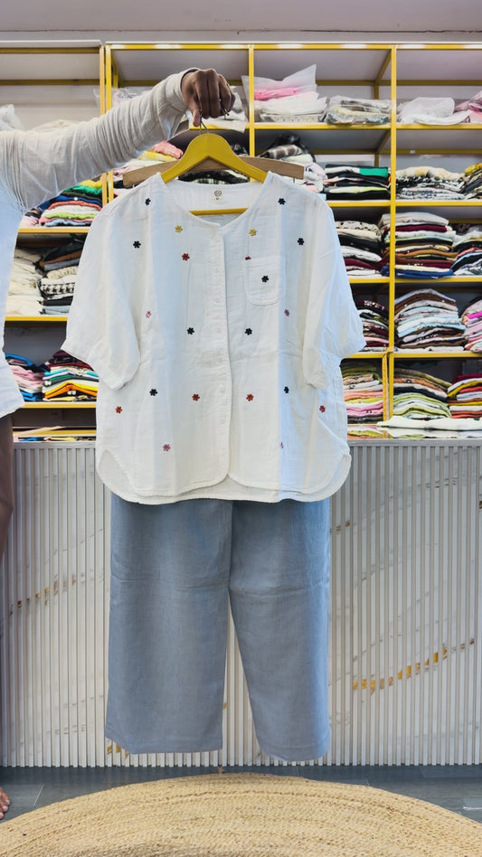 EMBROIDERY WHITE MUL COTTON TOP WITH LINEN PANT SET