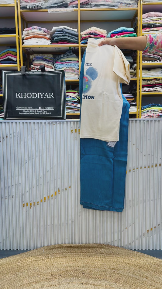 OFF WHITE CASUAL TSHIRT WITH SOFT PAPER DENIM PANT SET