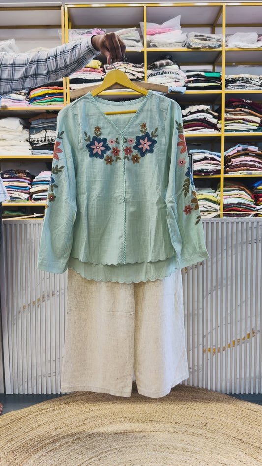 SEA GREEN COTTON EMBROIDERY TOP WITH LINEN PANT SET