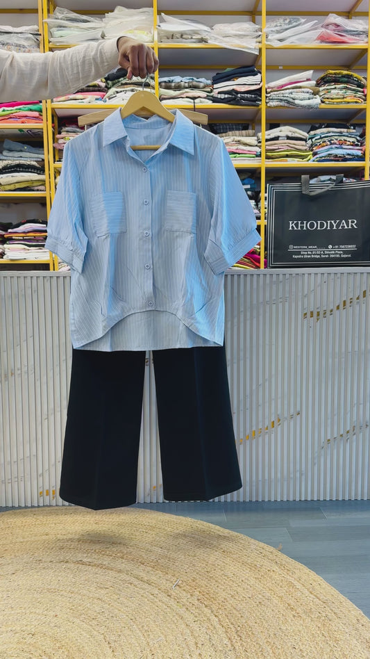 STRIPS BLUE TOP  WITH BELL BOTTOM PANT SET