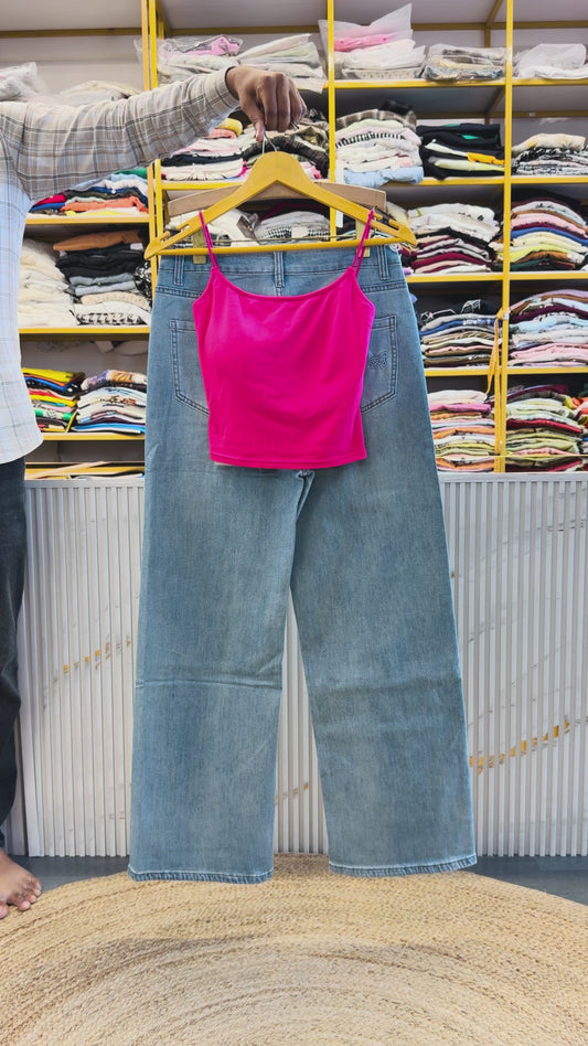 PINK SLEEVE LESS TOP WITH IMPORTED SOFT DENIM PANT SET