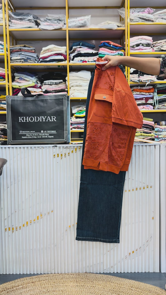 RUST EMBROIDERY TSHIRT WITH SOFT DENIM PANT SET