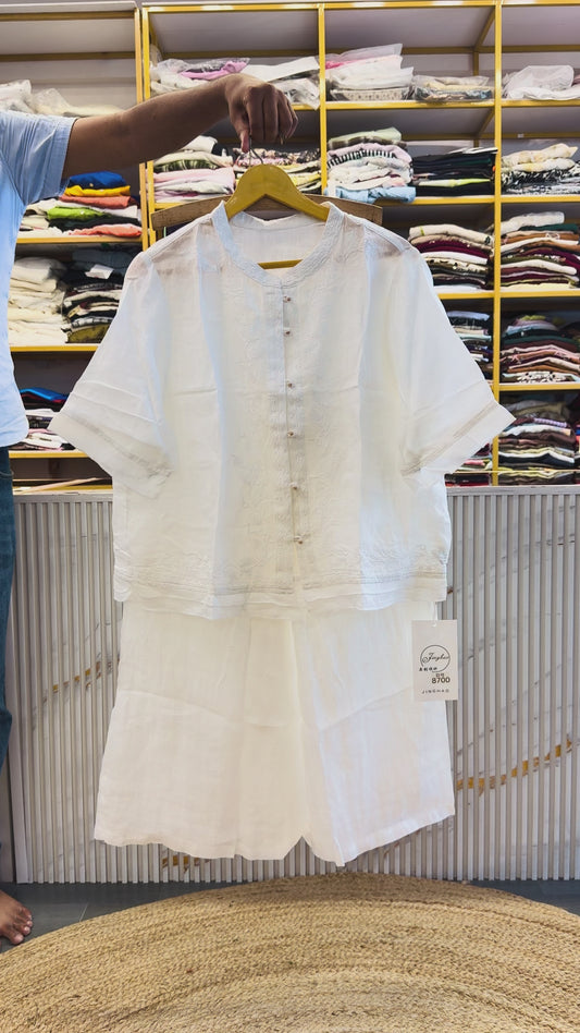 WHITE  LINEN EMBROIDERY TOP  WITH LINEN COMFORTABLE PANT SET
