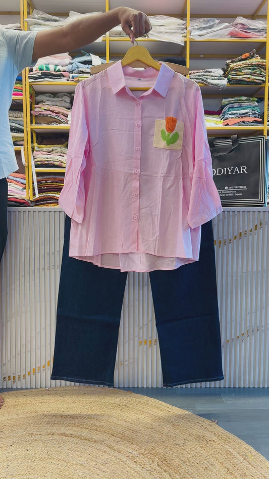 LIGHT PINK CROCHET POCKET COTTON SHIRT  WITH STRAIGHT DENIM PANT SET