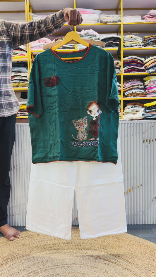 GREEN EMBROIDERY COTTON TOP WITH DENIM WHITE STRAIGHT PANT SET