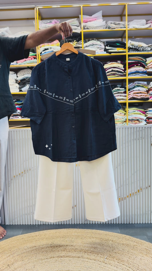 NAVY BLUE EMBROIDERY MUL COTTON SHIRT WITH BELL BOTTOM PANT SET