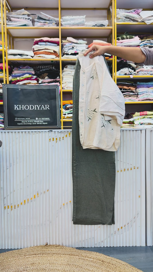 NATURAL EMBROIDERY CASUAL TOP WITH LINEN PANT SET