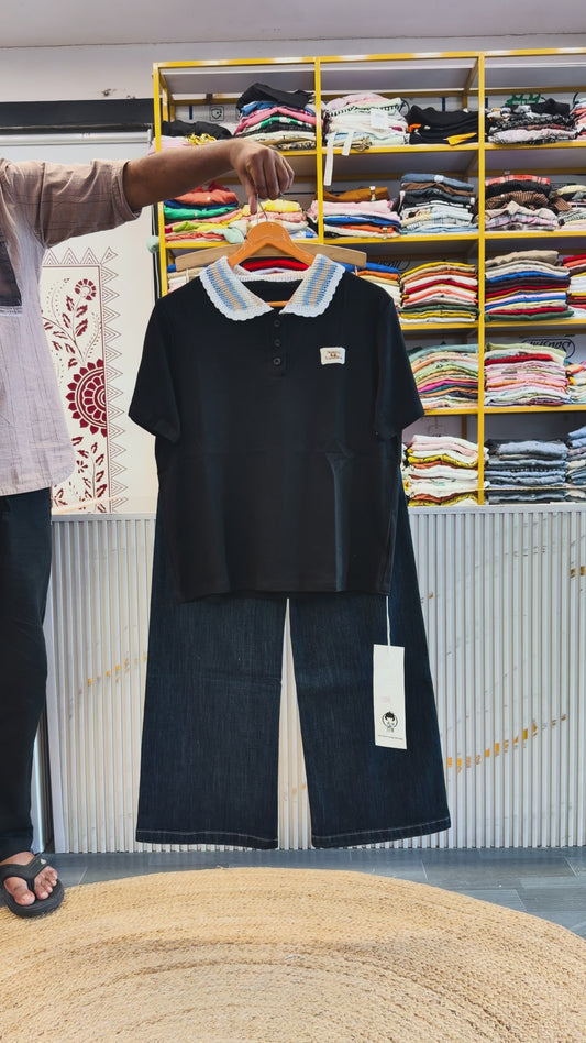 BLACK CROCHET COLLAR TSHIRT WITH STRAIGHT DENIM PANT SET