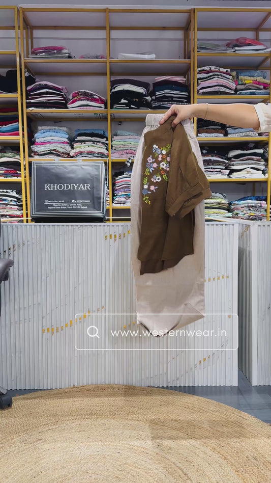 BROWN EMBROIDERY TOP WITH LINEN PANT SET