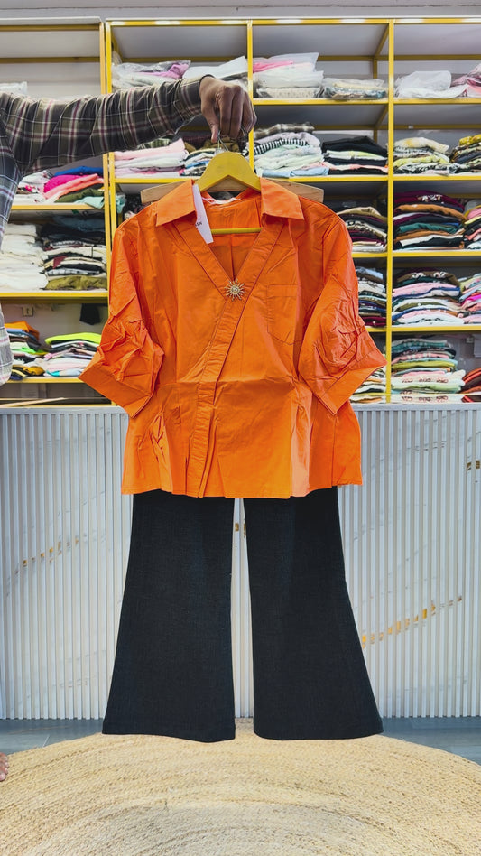 ORANGE PLAIN PREMIUM TOP WITH BELL BOTTOM FIT TROUSER PANT SET
