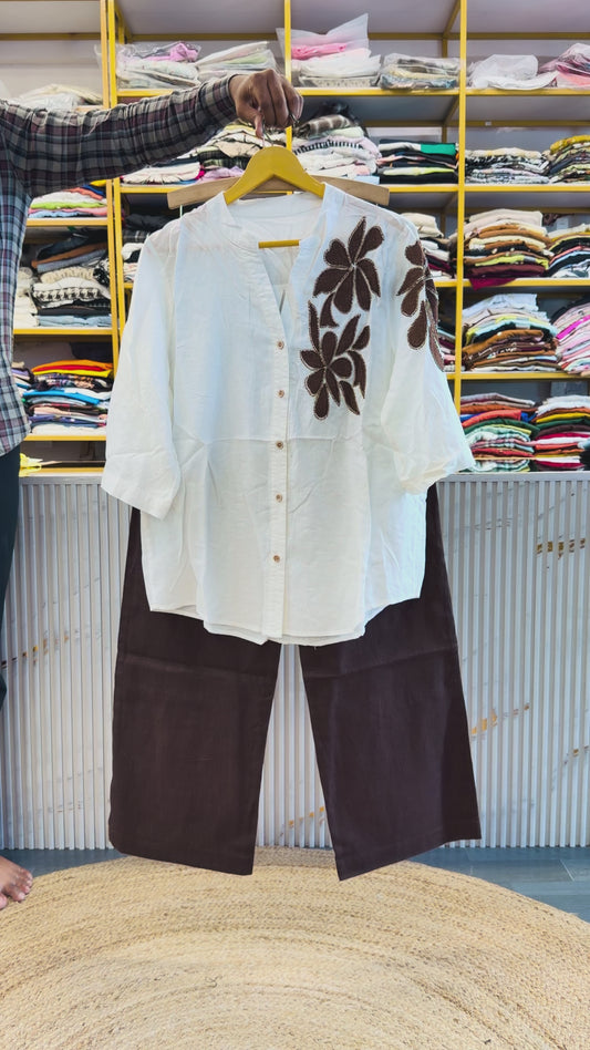 WHITE EMBROIDERY LINEN TOP WITH LINEN STRAIGHT PANT SET