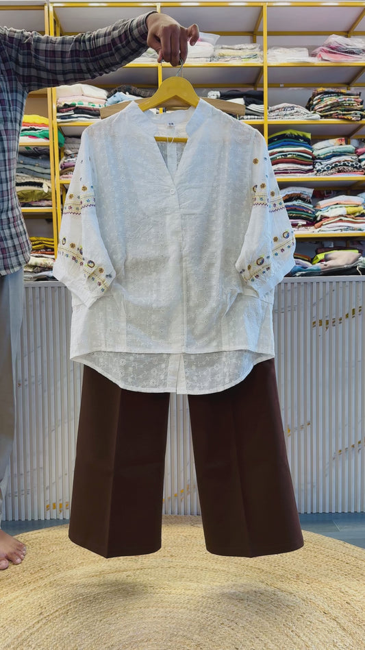 WHITE EMBROIDERY  COTTON TOP  WITH BELL BOTTOM TROUSER PANT SET