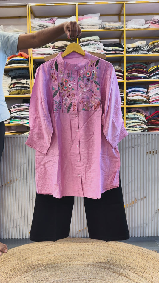 PINK EMBROIDERY TUNIC TOP WITH BELL BOTTOM PANT SET