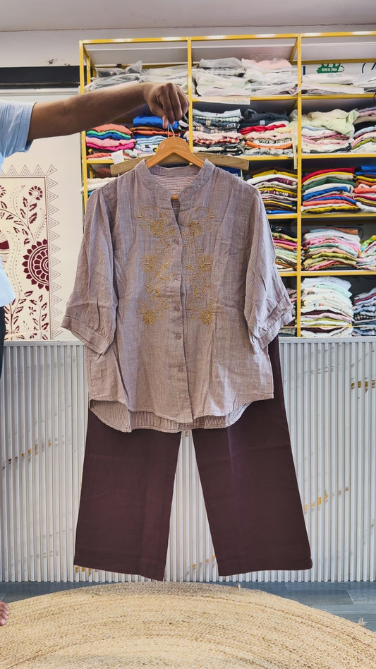 SMALL CHEX MUL COTTON TOP WITH LINEN STRAIGHT PANT SET