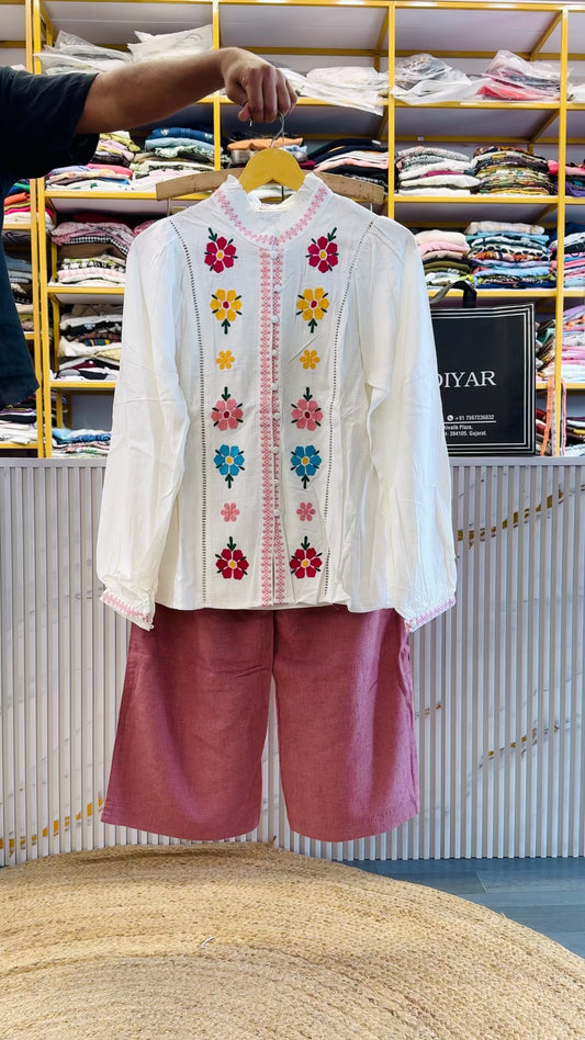 COLOURFULL EMBROIDERY WHITE TOP WITH LINEN PANT SET