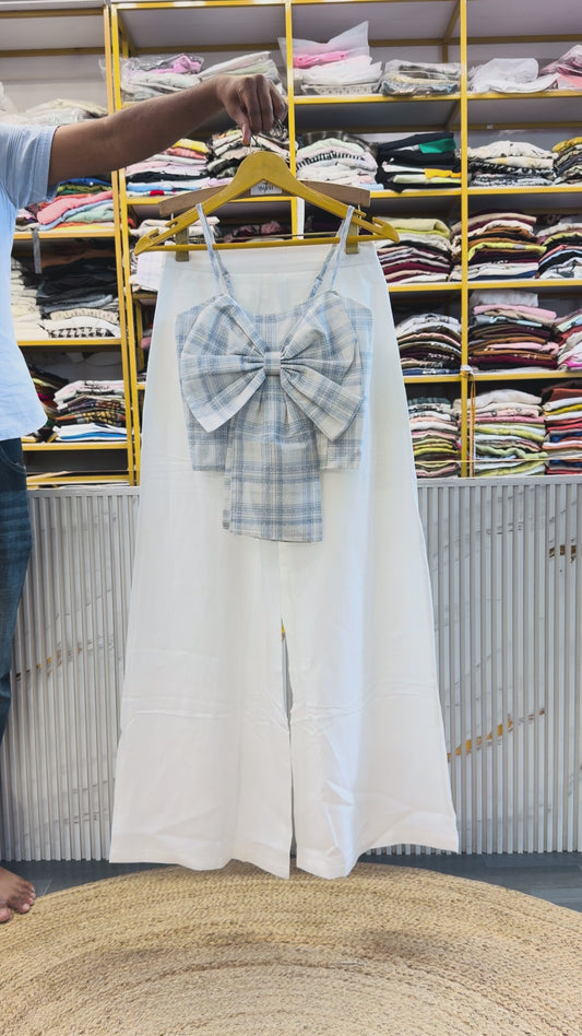 SLEEVE LESS CHEX PRINT TOP WITH LINEN PANT SET