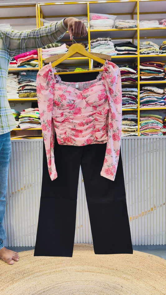 PRINTED CROP TOP  WITH STRAIGHT STRETCHABLE TROUSER PANT SET