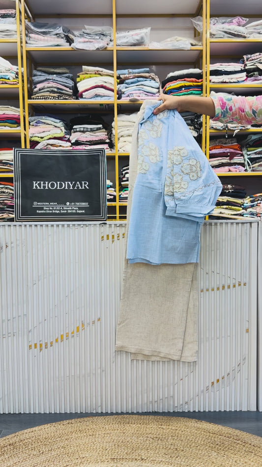 LIGHT BLUE EMBROIDERY CASUAL TOP  WITH BELL BOTTOM PANT SET