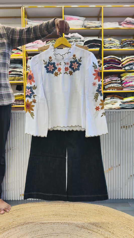 COTTON EMBROIDERY TOP WITH IMPORTED SOFT DENIM PANT SET