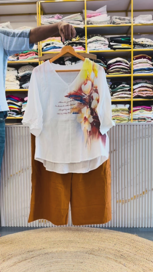 WHITE V NECK PRINT COTTON TOP  WITH LINEN PANT SET