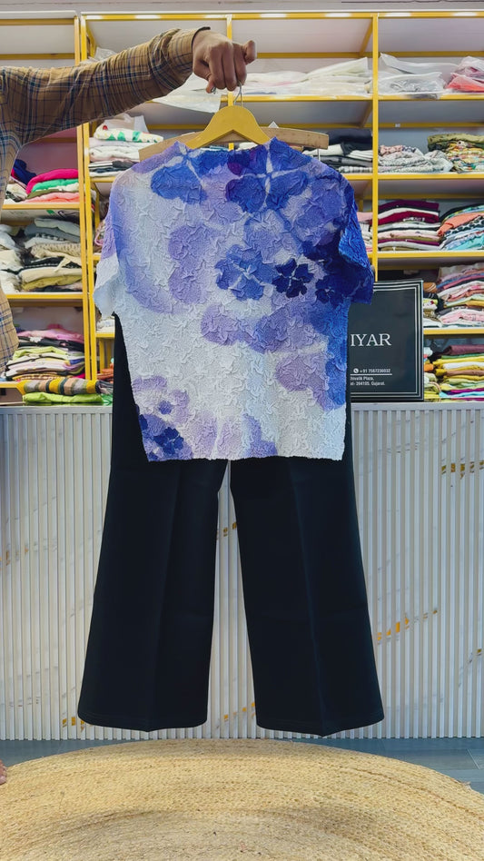 PURPLE FLOWER PRINT TOP WITH BELL BOTTOM STRETCHABLE TROUSER PANT SET