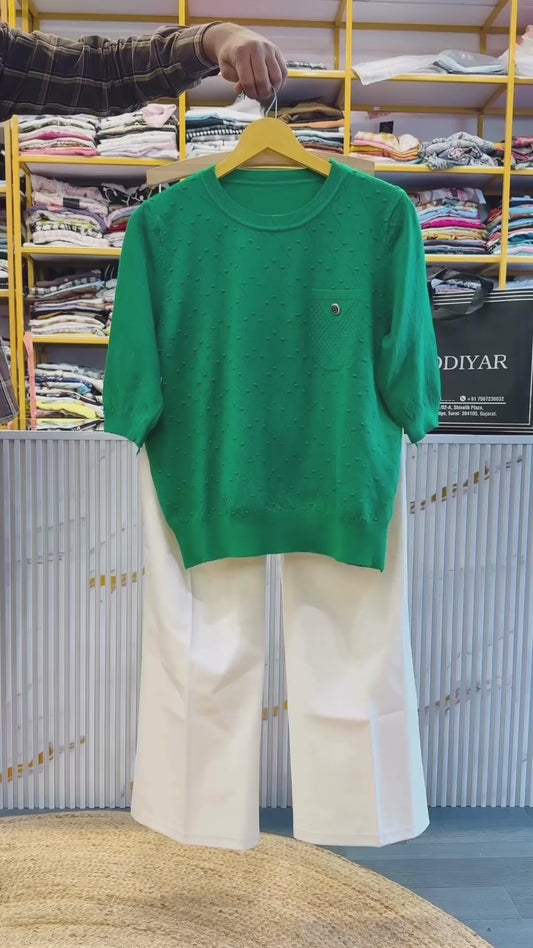 GREEN SOFT KNITTING TOP WITH BELL BOTTOM PANT SET