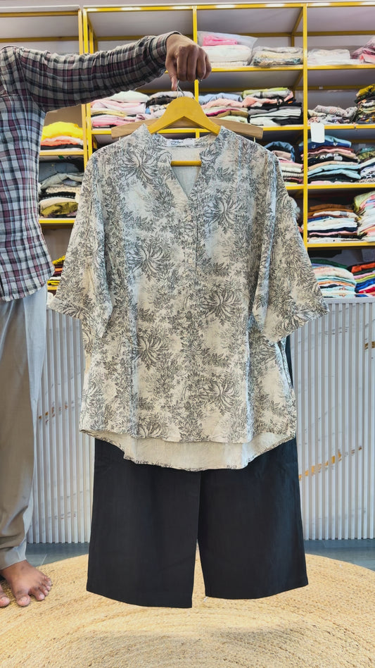COTTON PRINTED  EMBROIDERY TOP WITH LINEN PANT SET