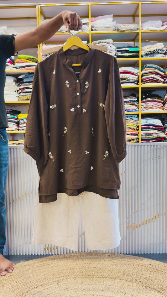 BROWN EMBROIDERY TOP WITH LINEN PANT SET