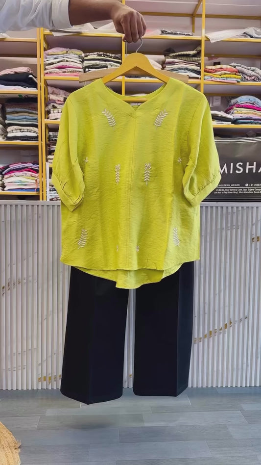 CASUAL PARROT GREEN EMBROIDERY TOP WITH BELL BOTTOM PANT SET