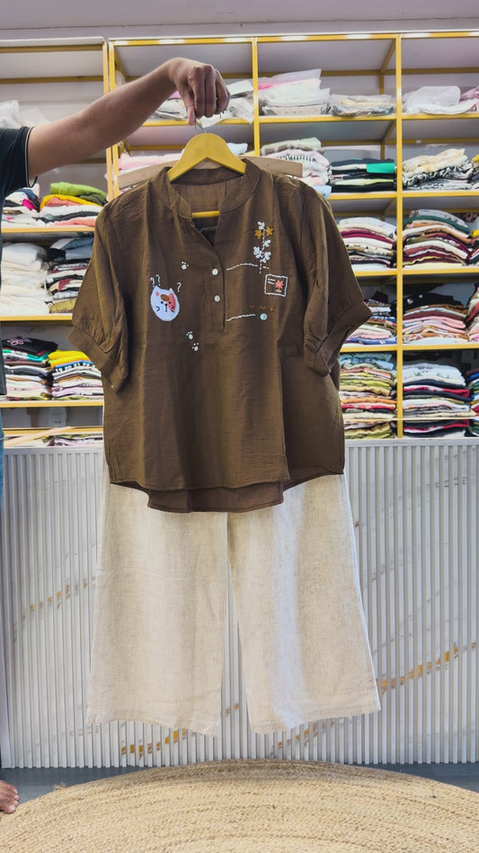 BROWN HANDWORK CASUAL EMBROIDERY TOP WITH LINEN PANT SET