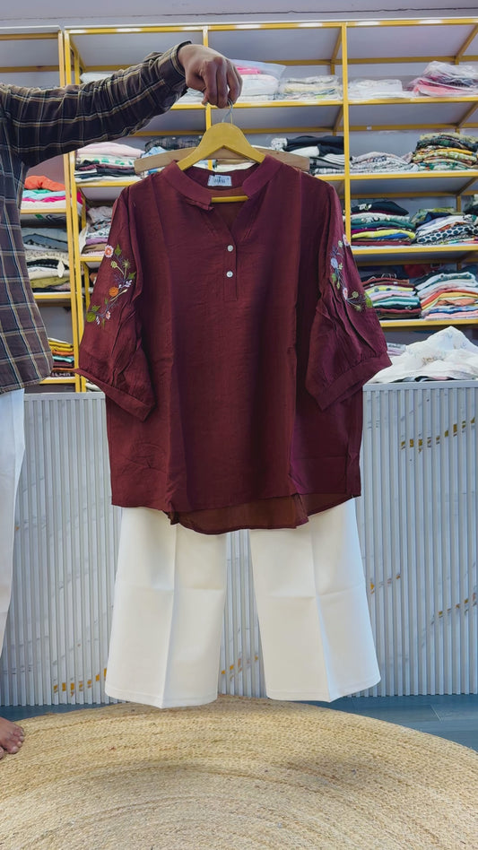RUST EMBROIDERY TOP WITH BELL BOTTOM TROUSER PANT SET